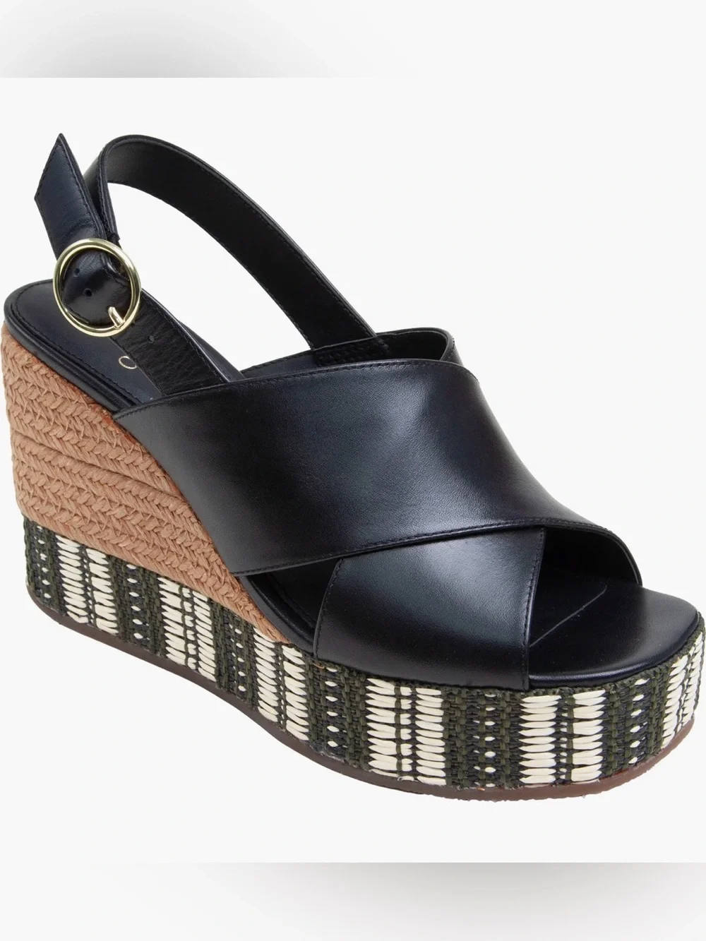 Linea Paolo Valery Black Leather Platform Wedge Sandals